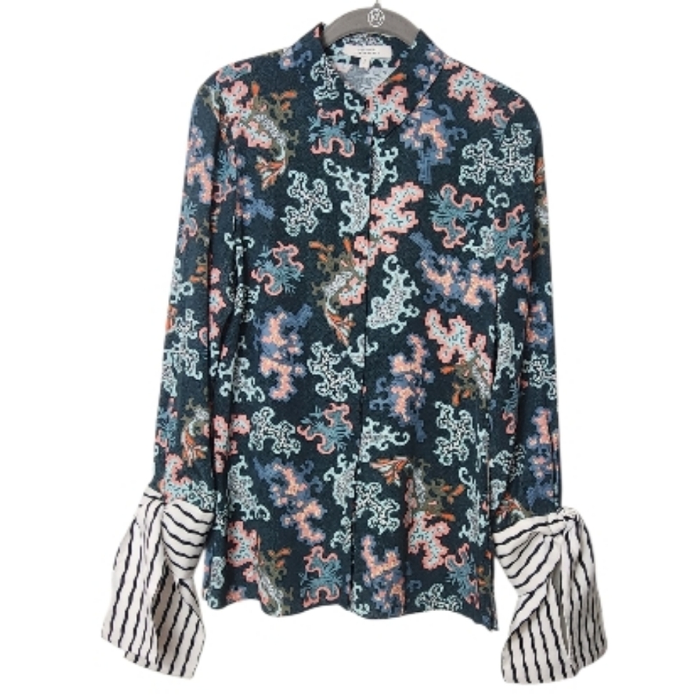 Dorothee Schumacher Abstract Print Silk Blend Blouse Hidden Button Shirt
